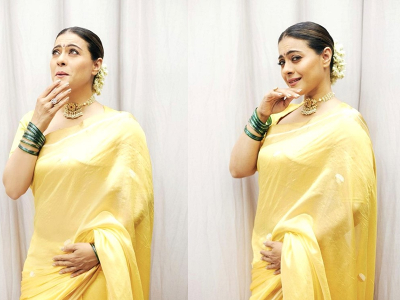 Kajol looks vivacious in Raw Mango’s yellow saree