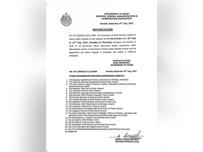 Sindh, KP announce Eid holidays in line with Centre’s decision